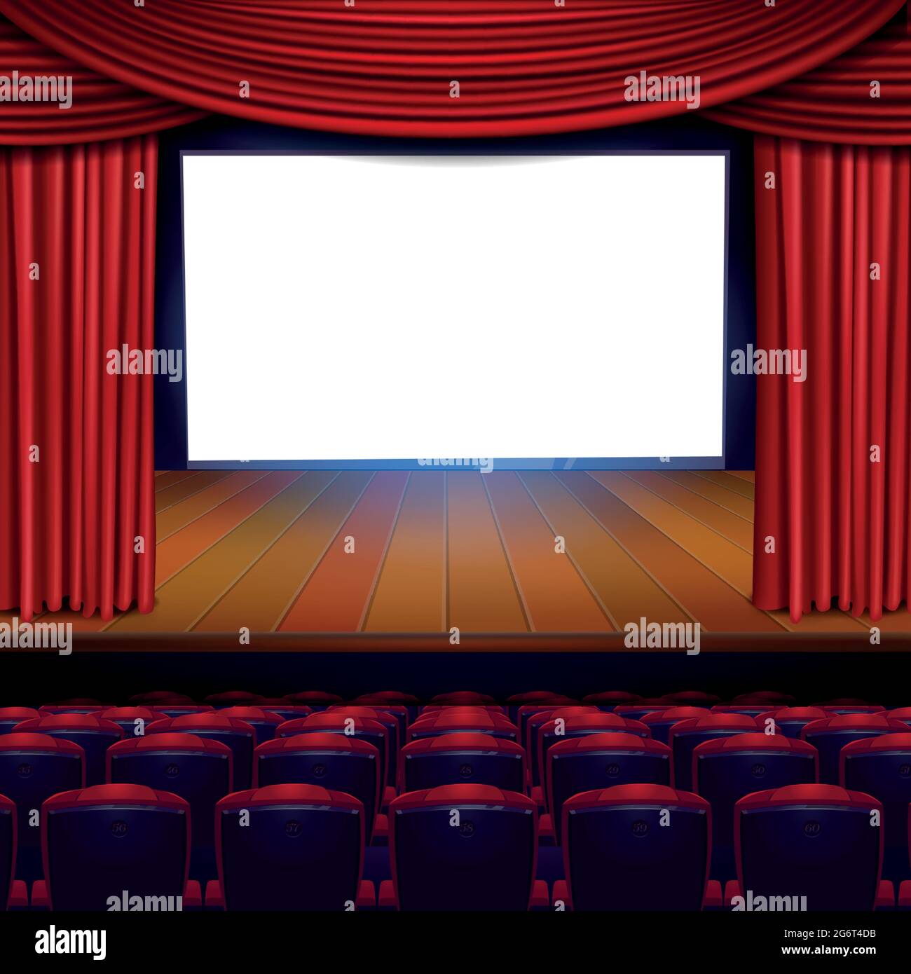 Movie theater, cinema hall with white screen and rows of red seats rear view. Empty interior with light blank screen. Stock Vector