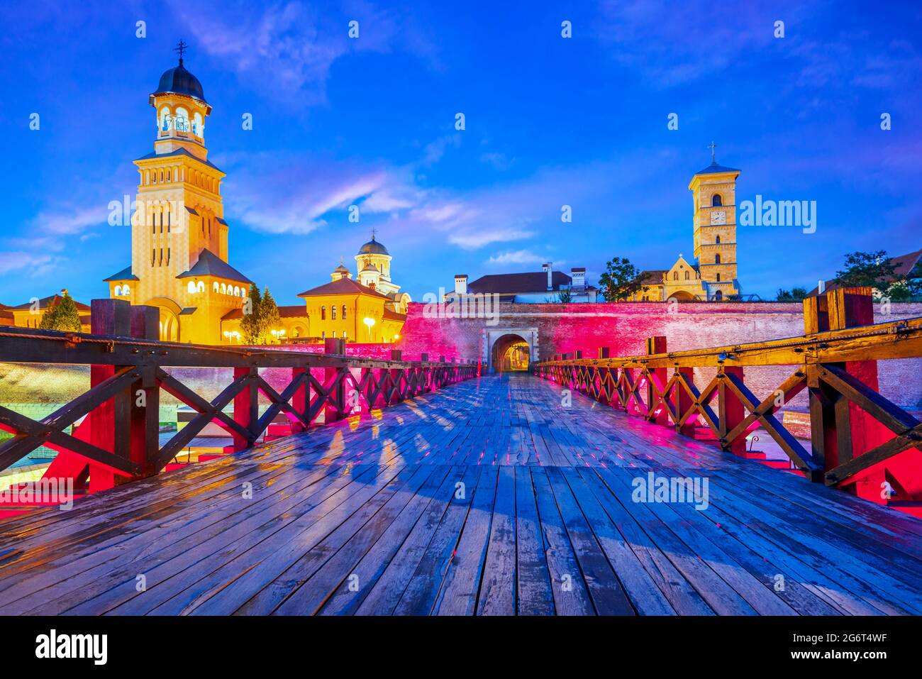 Alba Iulia, Romania. Colorful night scene of medieval Alba Carolina, Transylvania sightseeing. Stock Photo