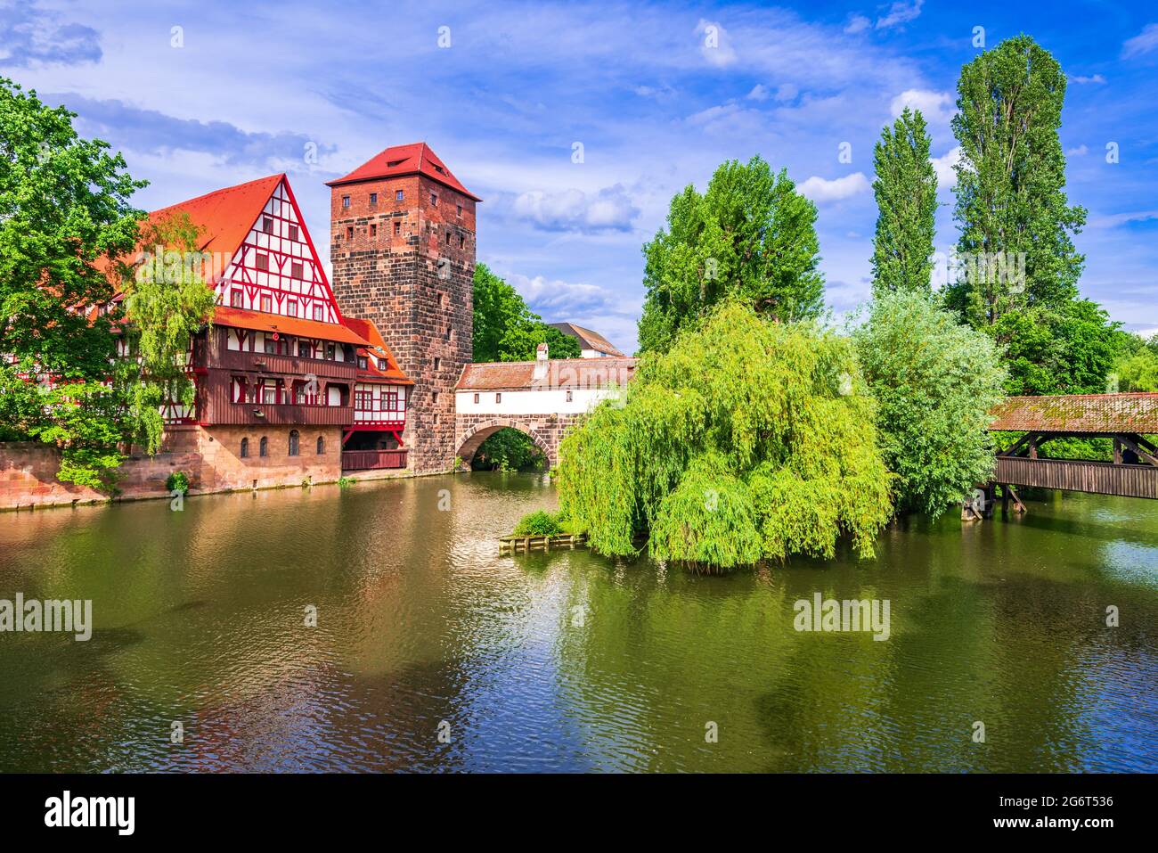 Nuremberg, Germany. Colourful and picturesque view of the half-timbered old houses on the banks of the Pegnitz river. Tourist attractions in Franconia Stock Photo