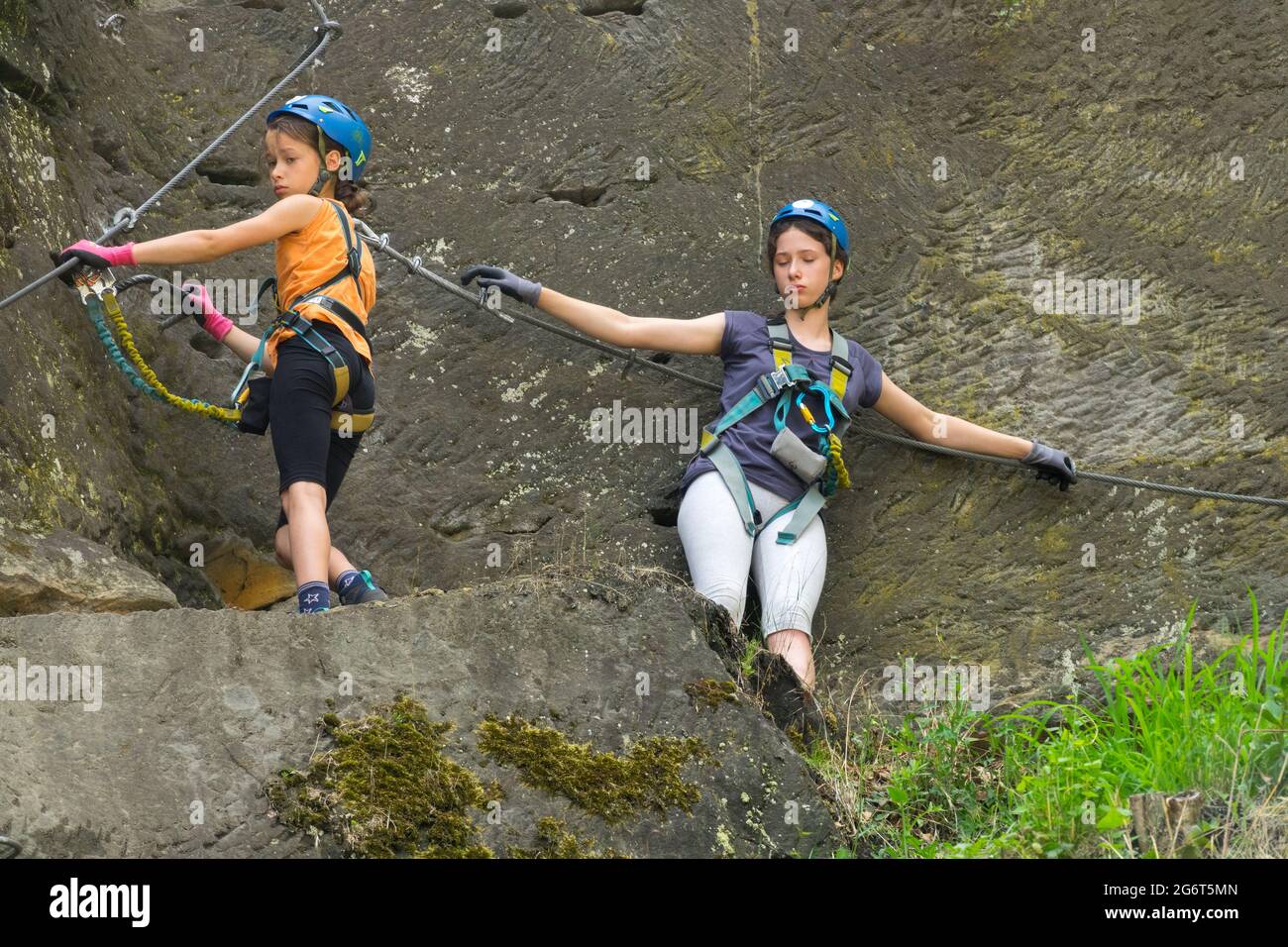 Climbers on Via Ferrata Decin Czech Republic active lifestyle outside young Stock Photo