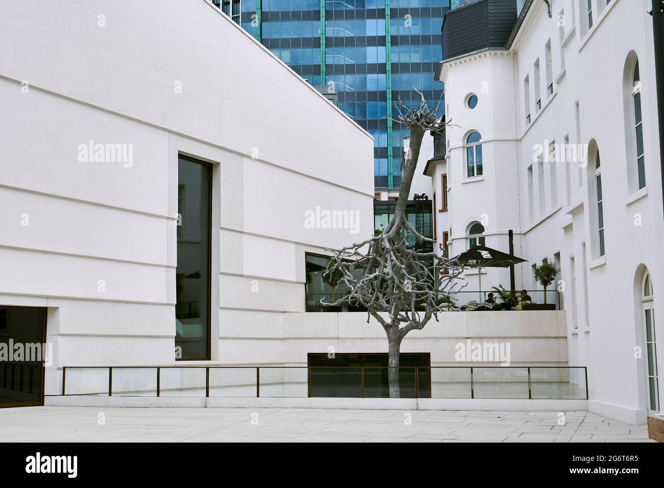 Skulptur „Untitled“ von Ariel Schlesinger, zwei in Aluminium gegossene Bäume: Verbundenheit und Entwurzelung, Vorplatz, Jüdisches Museum, Frankfurt am Stock Photo