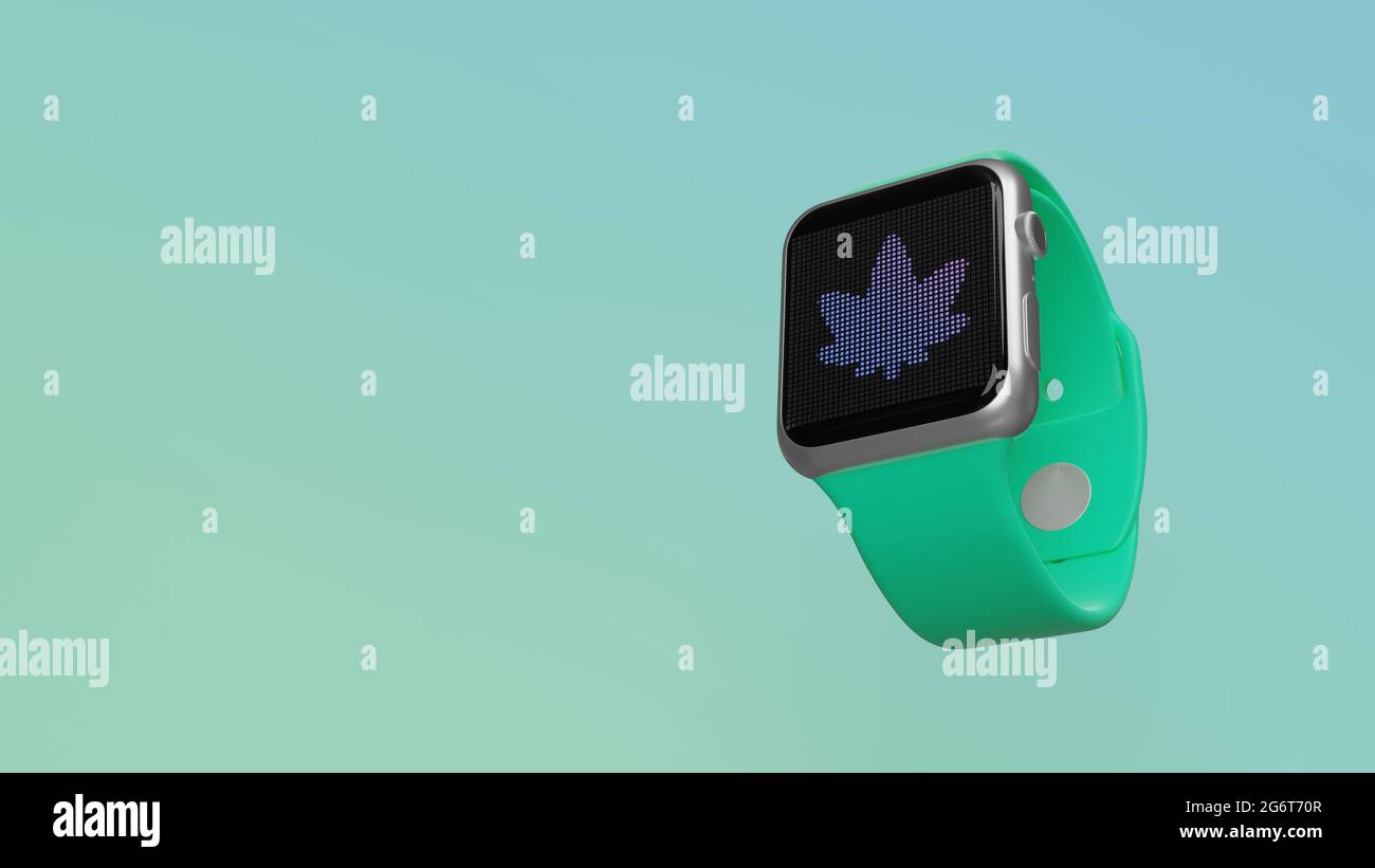 Smart watch 3d rendering with symbol of cannabis leaf on lcd display isolated on colored background. Side down view Stock Photo Alamy