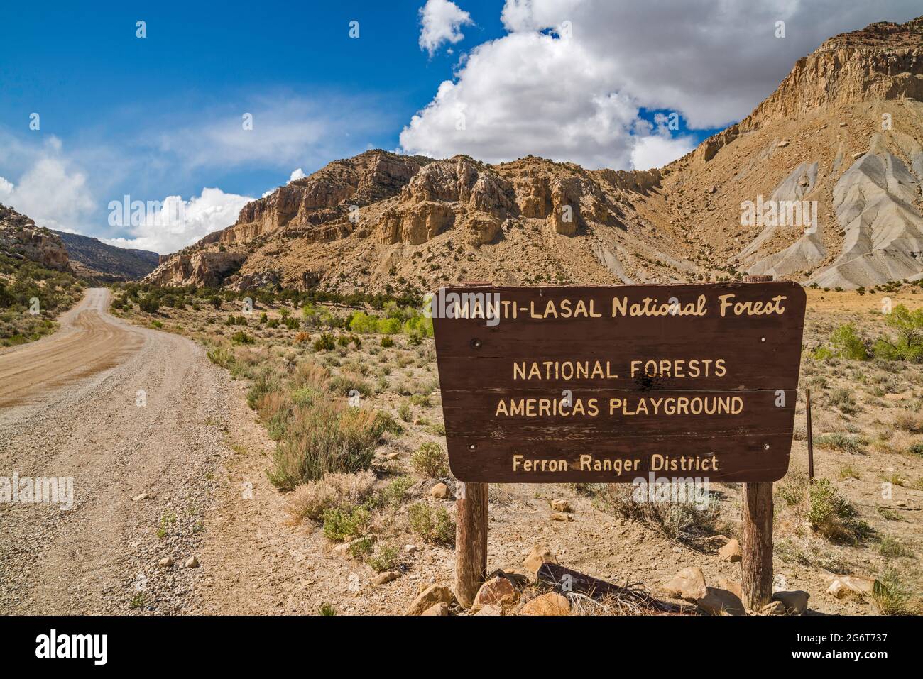 Manti–La Sal National Forest, sign in Ferron Canyon, Biddlecome Ridge, Road 22, Wasatch Range, near town of Ferron, Utah, USA Stock Photo