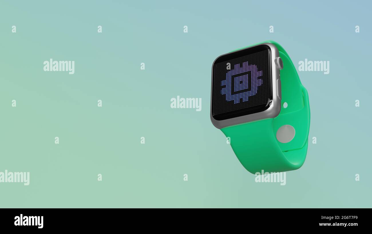 Smart watch 3d rendering with symbol of computer chip on lcd display ...