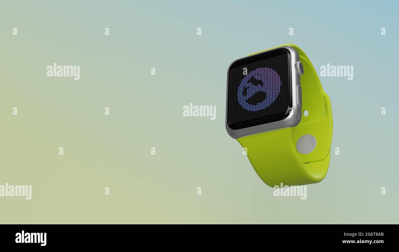 Smart watch 3d rendering with symbol of globe Europe continent on lcd  display isolated on colored background. Side down view Stock Photo - Alamy