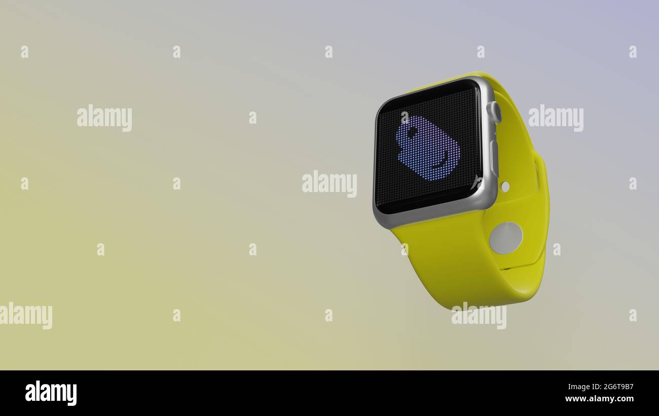Smart watch 3d rendering with symbol of paper clip on lcd display isolated on colored background. Side down view. Stock Photo