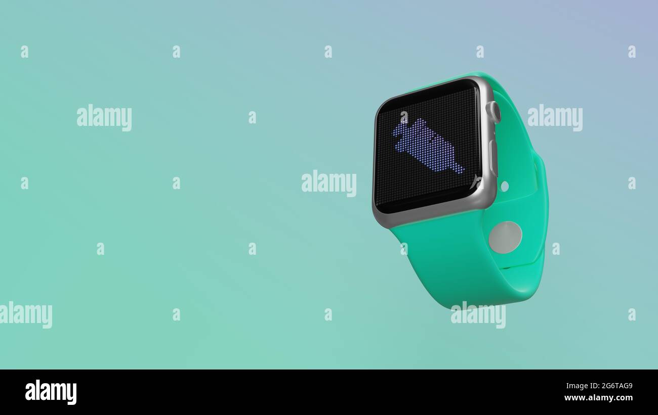 Smart watch 3d rendering with symbol of injection on lcd display isolated on colored background. Side down view. Stock Photo