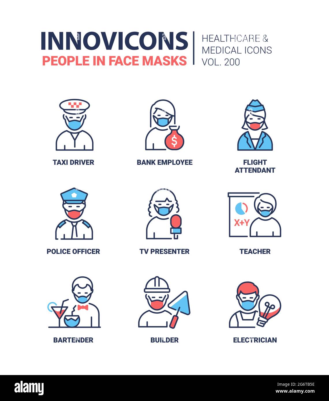 People in face masks - modern colorful line design style icons ...