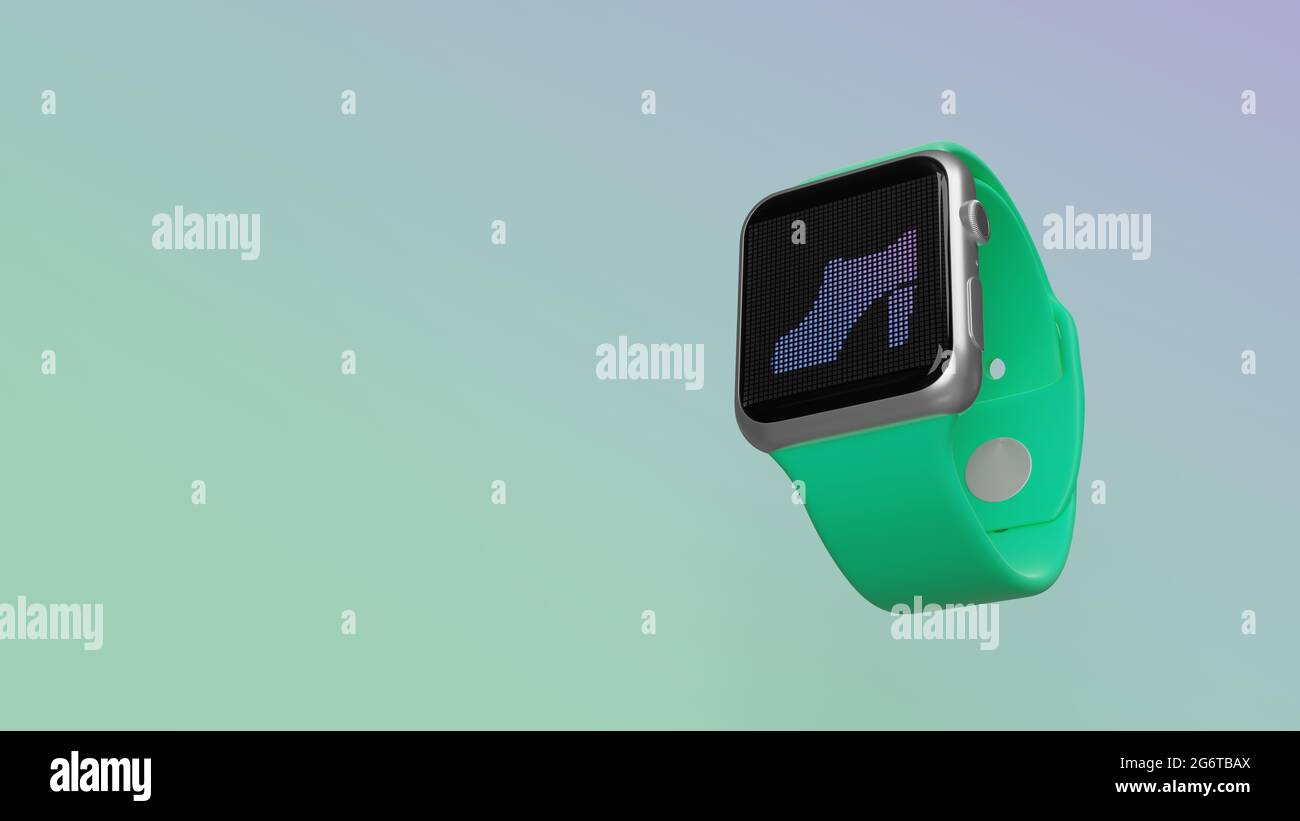 Smart watch 3d rendering with symbol of ankle shoe for women on lcd display isolated on colored background. Side down view. Stock Photo