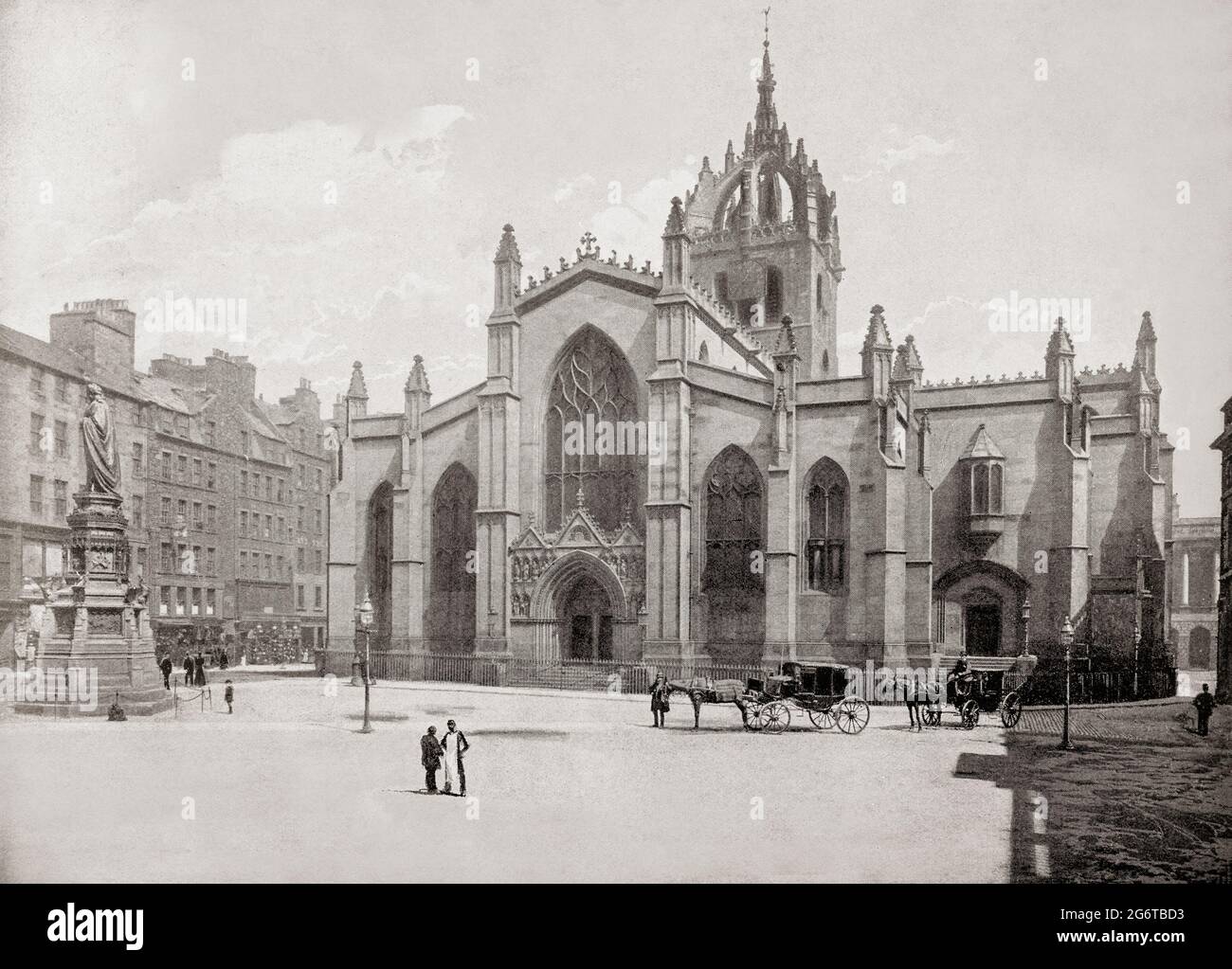A late 19th century view of St Giles' Cathedral or High Kirk of Edinburgh, a parish church of the Church of Scotland in the Old Town of Edinburgh. The current building was begun in the 14th century and extended until the early 16th century; significant alterations were undertaken in the 19th and 20th centuries, including the addition of the Thistle Chapel. St Giles' is closely associated with many events and figures in Scottish history, including John Knox, who served as the church's minister after the Scottish Reformation. Stock Photo