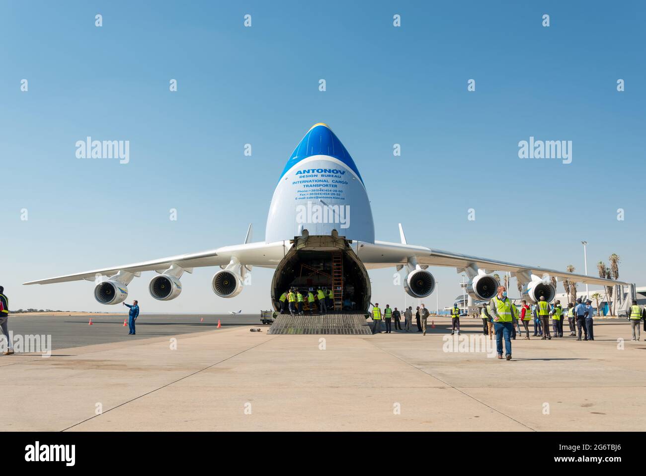 Antonov An-225 Mriya in Namibia with donations from Germany, July 2021. Plane landed at Hosea Kutako International Airport Stock Photo