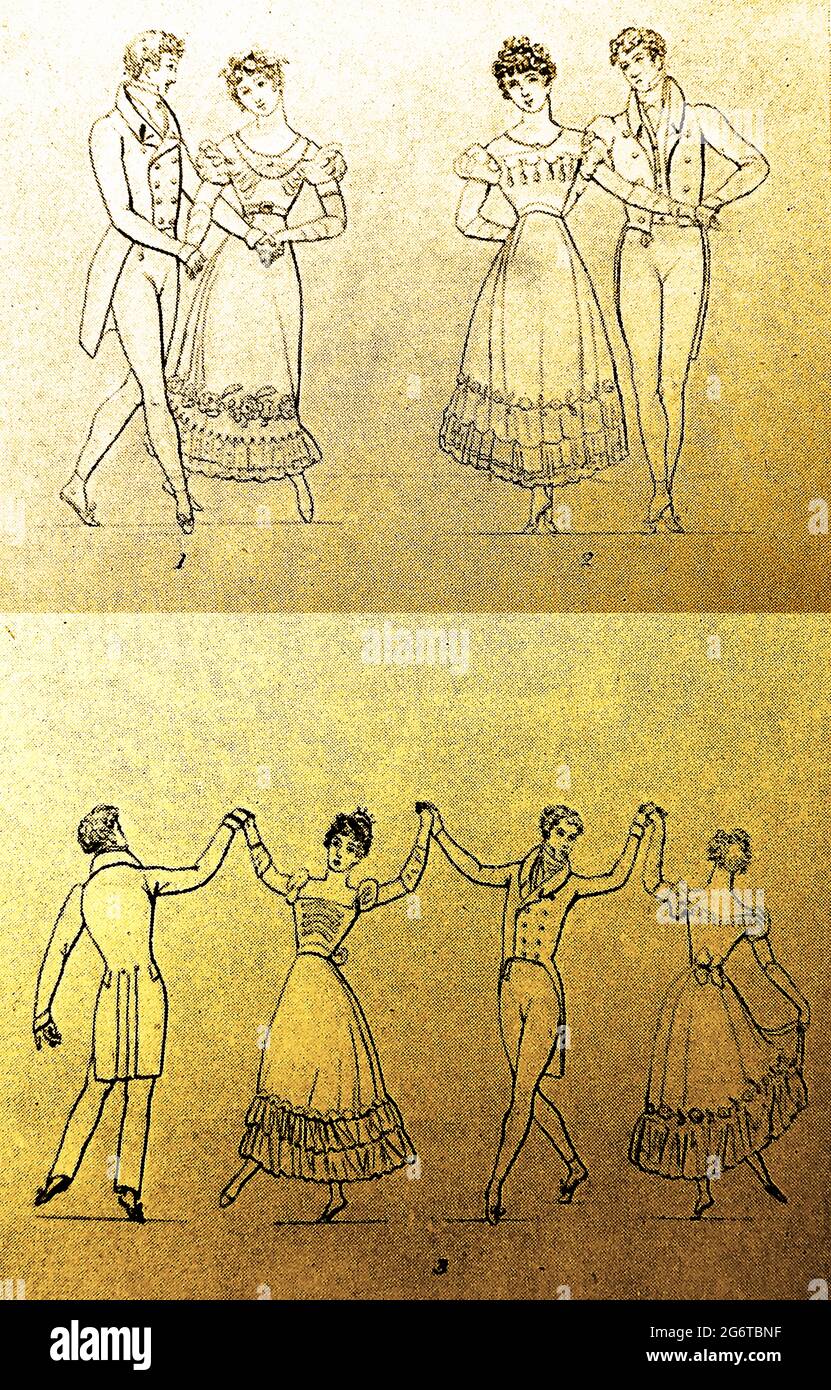 Instructions for dancing the Quadrille, from 'The Art of Dancing',  1813.The term quadrille originated in 17th-century military parades where four mounted horsemen formed square formations.  As a dance it became popular in the 18th and 19th centuries both in Europe and the European colonies. It became a craze in Britain after  Lady Jersey (Sarah Sophia Child Villiers, Countess of Jersey   1785 – 1867 introduced the dance to high society gatherings.(She was  born Lady Sarah Fane) Stock Photo