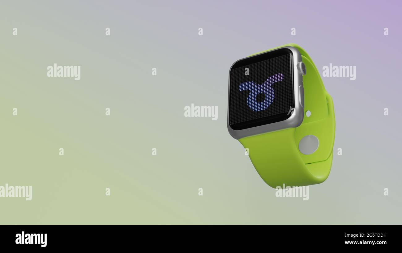 Smart watch 3d rendering with symbol of taurus zodiac horoscope on lcd  display isolated on colored background. Side down view Stock Photo - Alamy