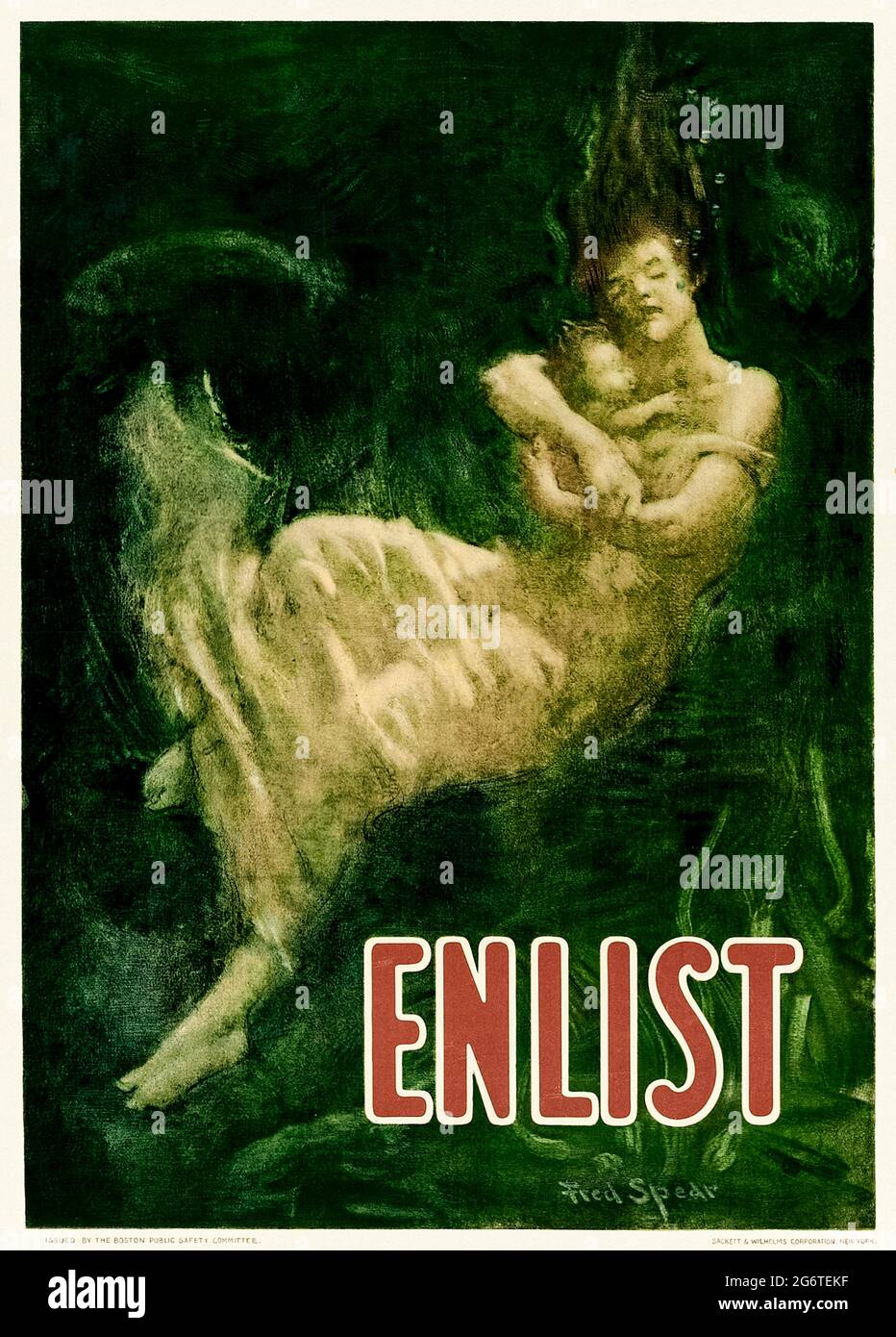 ‘ENLIST’ 1915 poster showing a mother and child drowning published by the Boston Committee of Public Safety featuring artwork by Fred Spear. This iconic poster was published a month after the sinking of the RMS Lusitania on 7 May 1915 by a German U-boat. 1198 passengers and crew died including 128 American citizens which heightened tensions between the U.S. and Germany and helped sway American opinion to enter World War 1. Stock Photo