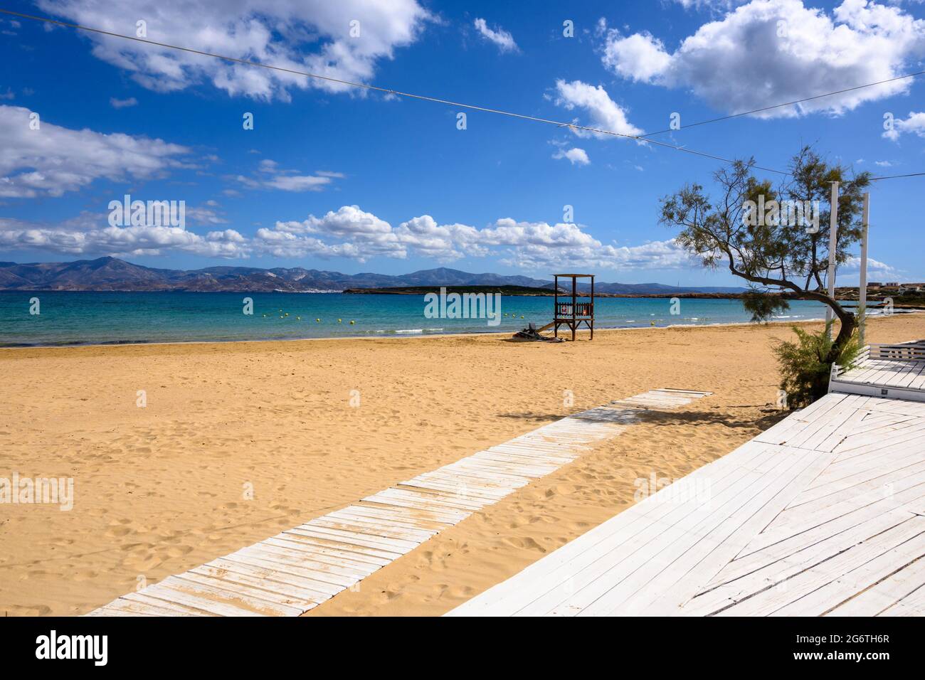 Santa Maria beach located near Naoussa, in Plastira Bay on Paros island. Cyclades, Greece Stock Photo