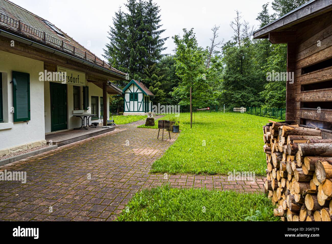 At the former station of Görsdorf, which has now been converted into a residential building, many relics from the railroad era can still be seen. Lautertal, Germany Stock Photo