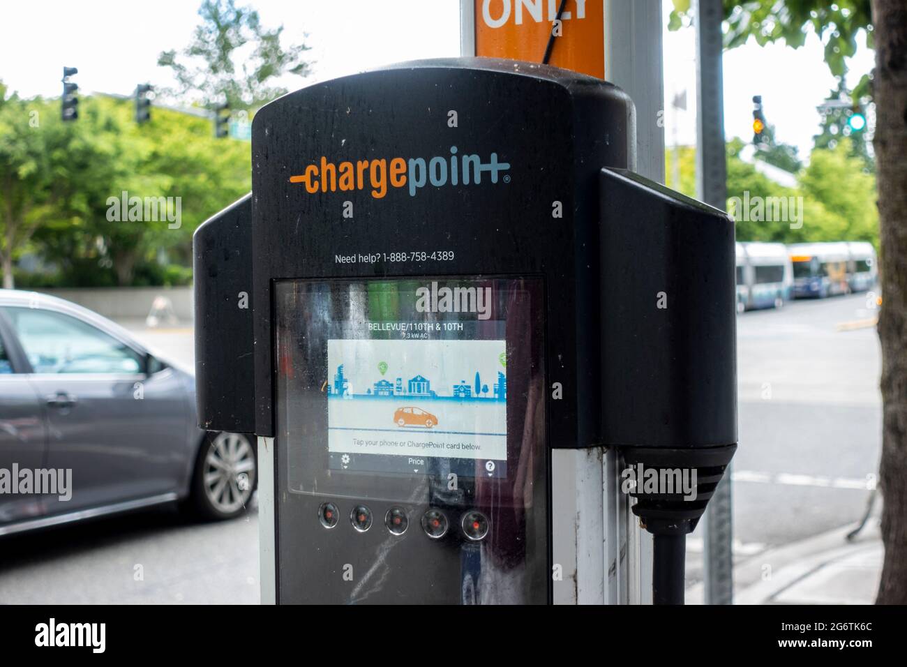 Bellevue, WA USA circa June 2021 Selective focus of a Charge Point