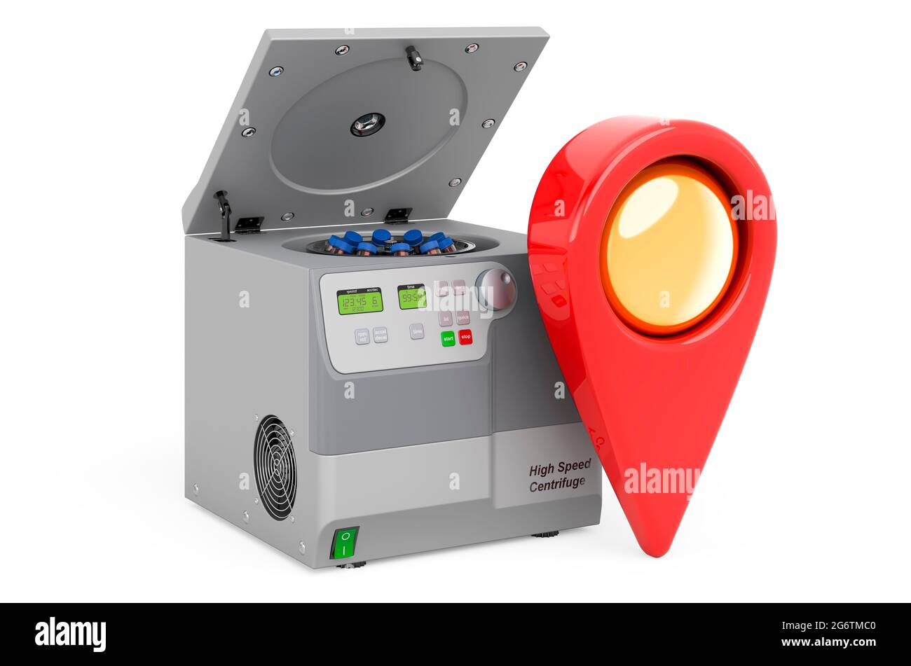 Map pointer with laboratory centrifuge, 3D rendering isolated on white ...