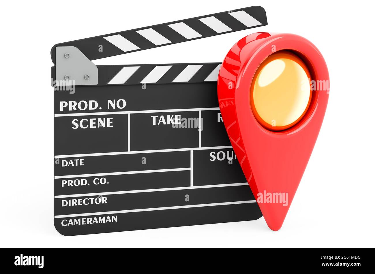 Map pointer with clapperboard, 3D rendering isolated on white ...
