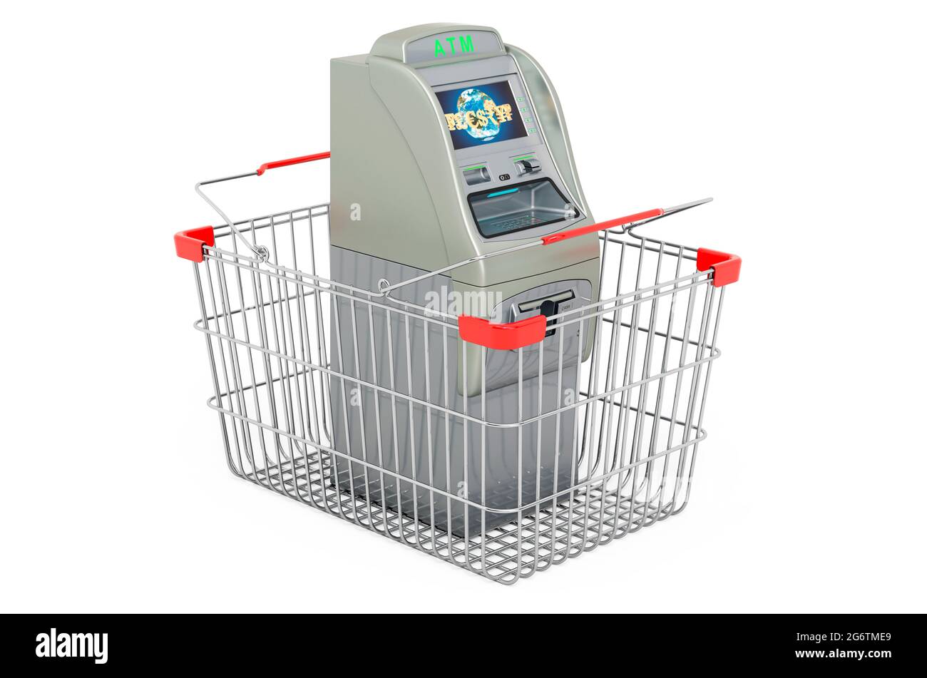 Shopping basket with ATM machine. 3D rendering isolated on white background Stock Photo