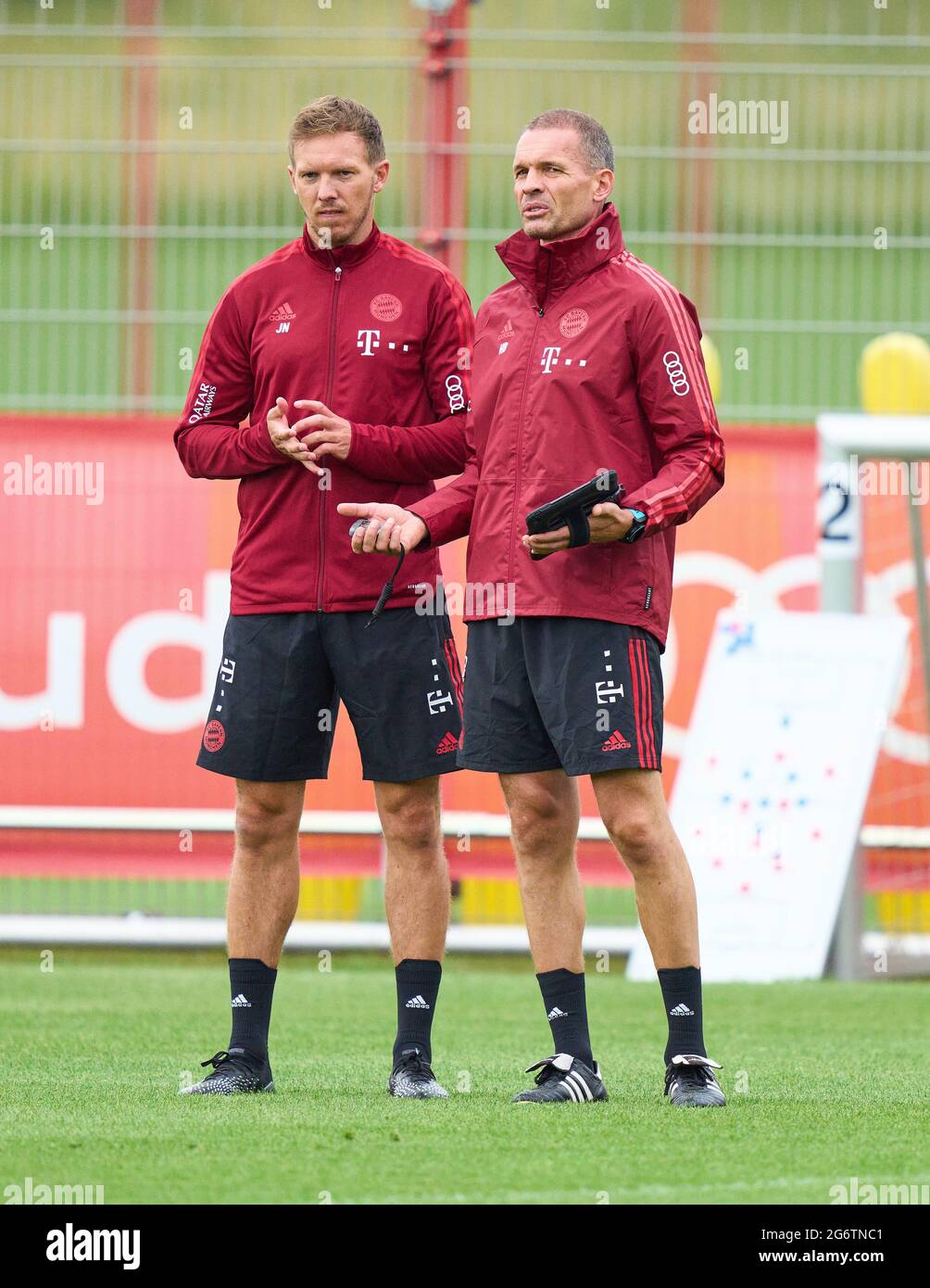 Munich, Germany, July 7, 2021, Trainer Julian Nagelsmann (FCB), team  manager, headcoach, coach, athletic coach Dr. Holger Broich, in the  training of FC BAYERN MUENCHEN on July 7, 2021 in Munich, Germany