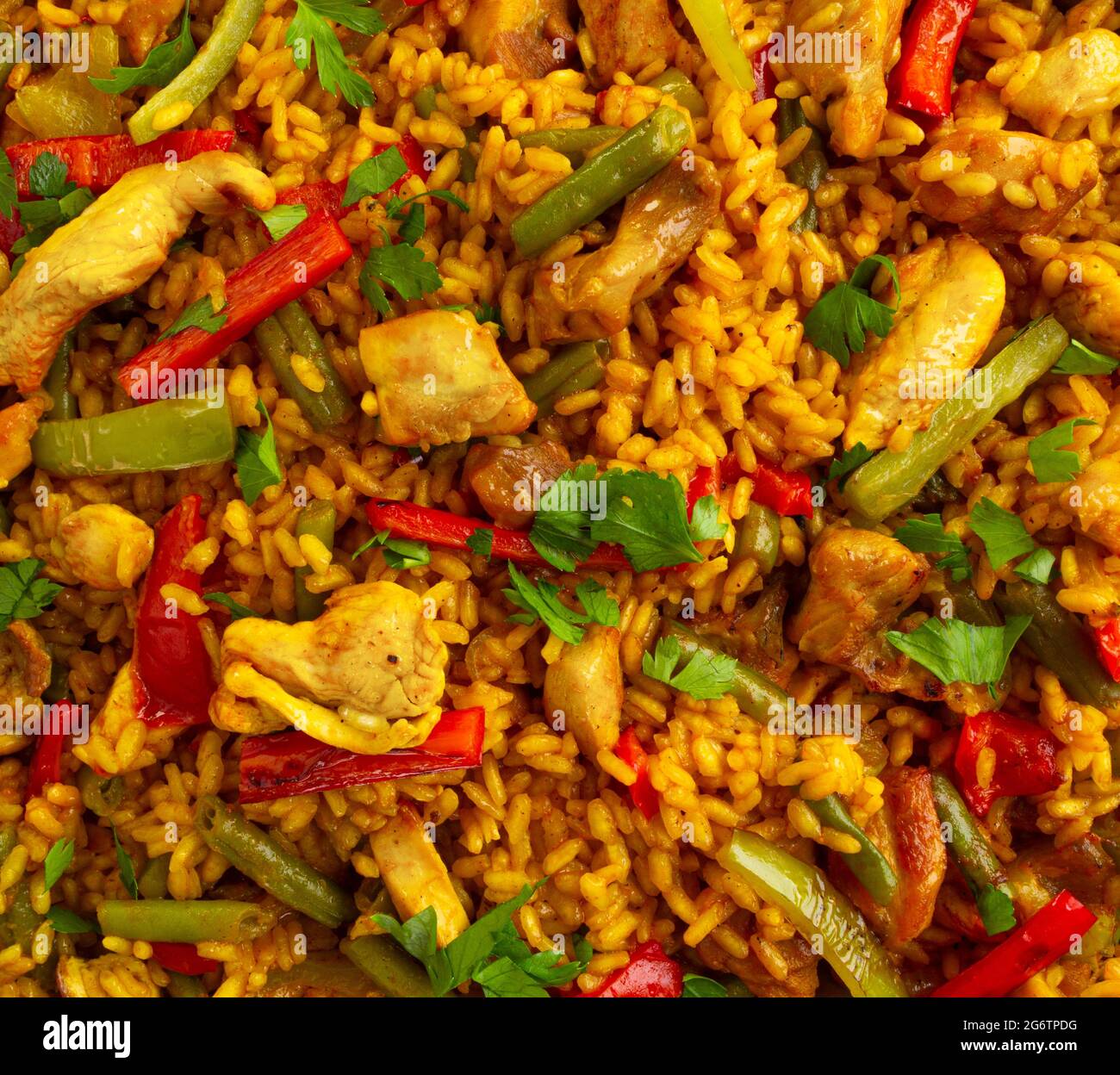 Closeup of spanish paella rice with chicken Stock Photo Alamy
