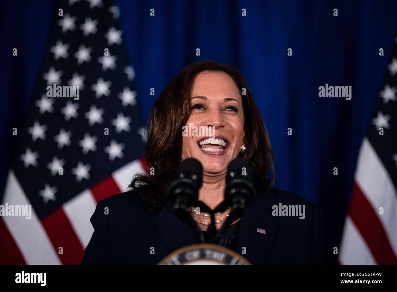 Washington, DC, U.S., on Thursday, 2021. United States Vice President Kamala Harris speaks at Howard University in Washington, DC, U.S., on Thursday, July 8, 2021. Harris, who is spearheading the administration's efforts on voting rights, is helping to launch an expansion of the Democratic National Committee's 'I Will Vote' campaign.Credit: Al Drago/Pool via CNP /MediaPunch Stock Photo