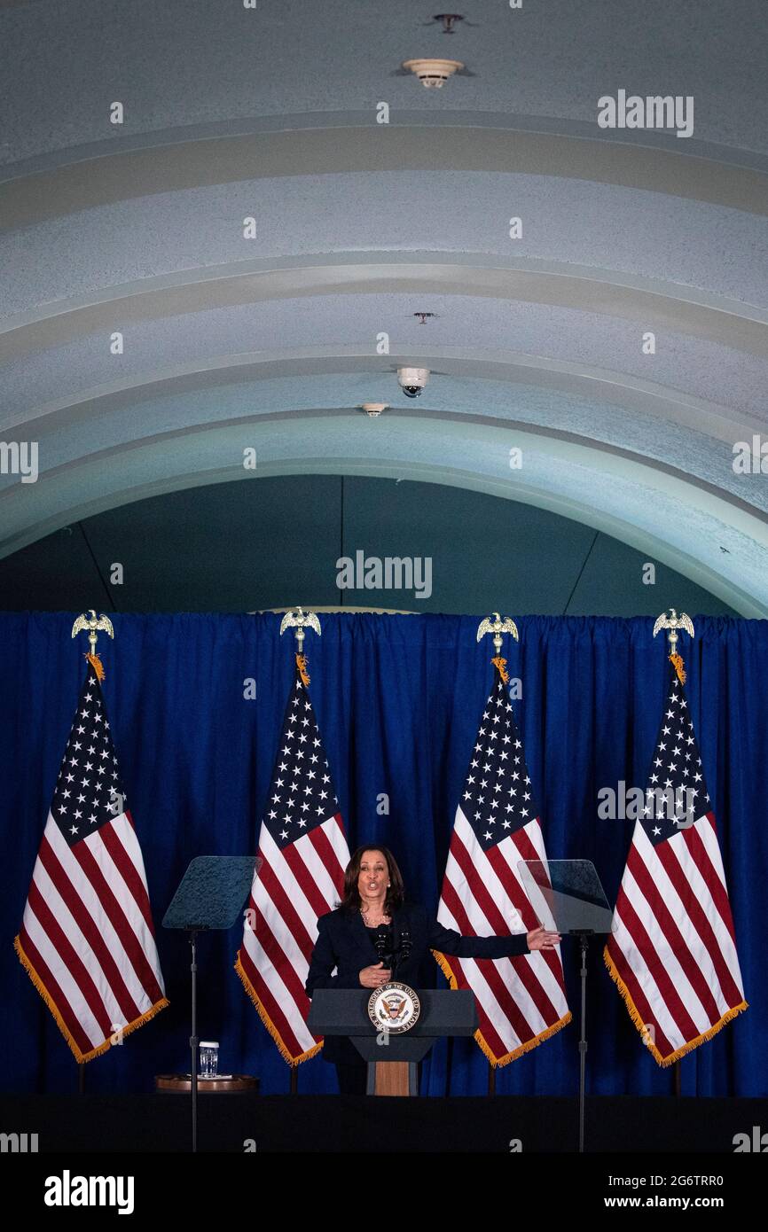 Washington, DC, U.S., on Thursday, 2021. United States Vice President Kamala Harris speaks at Howard University in Washington, DC, U.S., on Thursday, July 8, 2021. Harris, who is spearheading the administration's efforts on voting rights, is helping to launch an expansion of the Democratic National Committee's 'I Will Vote' campaign.Credit: Al Drago/Pool via CNP /MediaPunch Stock Photo