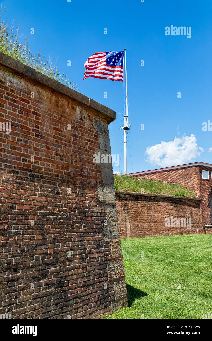 The 15-star/stripe American flag flies over the entrance to Fort McHenry. Stock Photo
