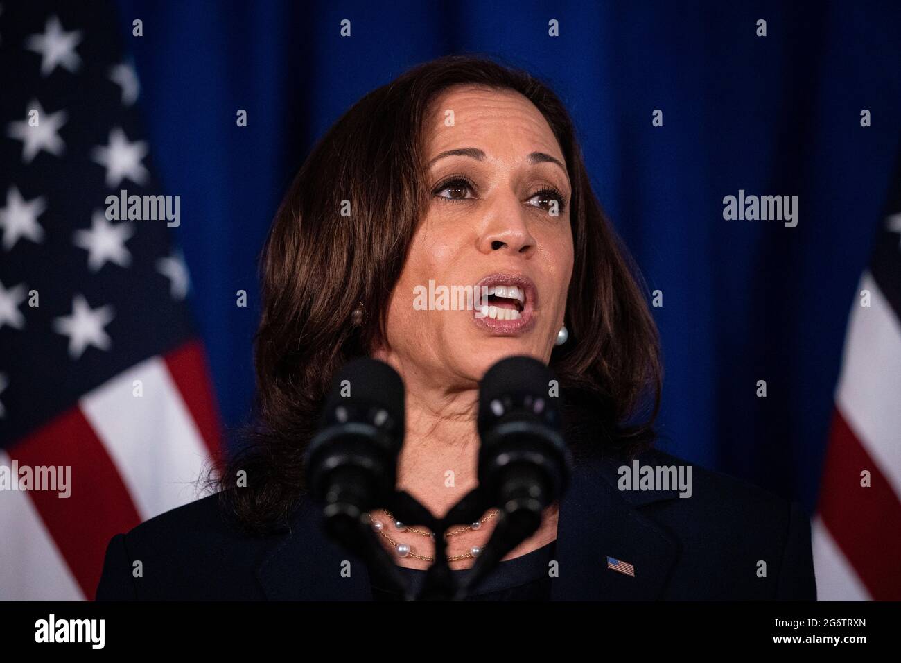 Washington, DC, U.S., on Thursday, 2021. United States Vice President Kamala Harris speaks at Howard University in Washington, DC, U.S., on Thursday, July 8, 2021. Harris, who is spearheading the administration's efforts on voting rights, is helping to launch an expansion of the Democratic National Committee's 'I Will Vote' campaign.Credit: Al Drago/Pool via CNP /MediaPunch Stock Photo