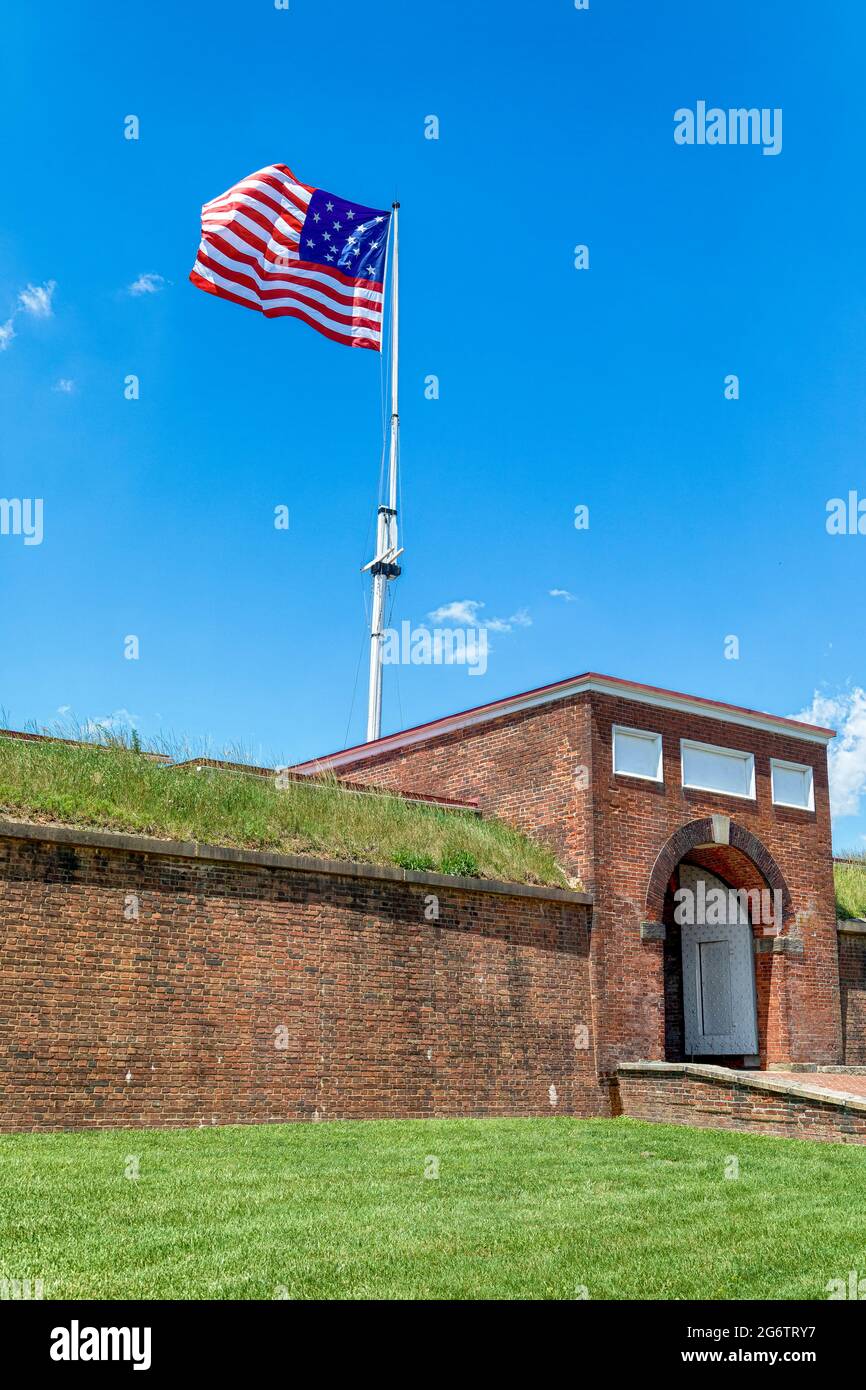 The 15-star/stripe American flag flies over the entrance to Fort McHenry. Stock Photo