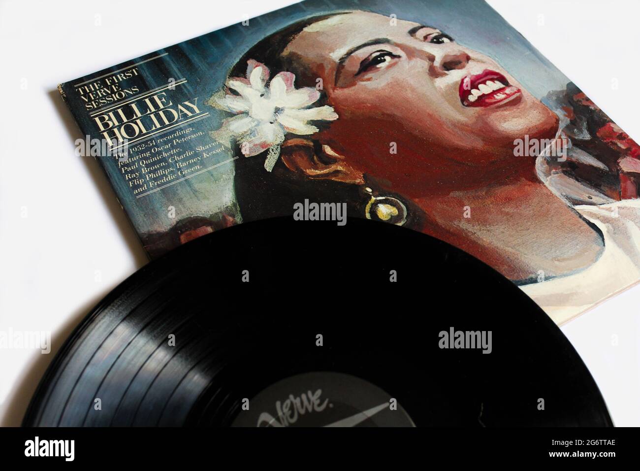 Jazz, Pop and soul artist, Billie Holiday music album on vinyl record LP disc. Titled: The First Verve Sessions album cover Stock Photo