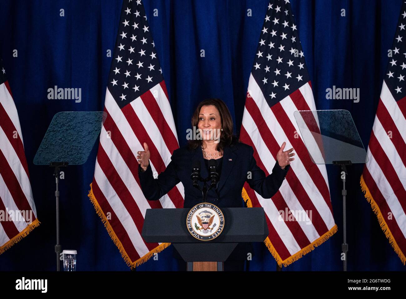 Washington, USA. 08th July, 2021. U.S. Vice President Kamala Harris speaks at Howard University in Washington, DC, U.S., on Thursday, July 8, 2021. Harris, who is spearheading the administration's efforts on voting rights, is helping to launch an expansion of the Democratic National Committee's 'I Will Vote' campaign. Photographer: Al Drago/Pool/Sipa USA Credit: Sipa USA/Alamy Live News Stock Photo