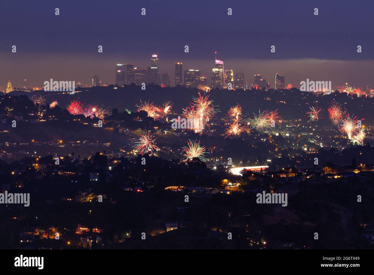 Fireworks in Los Angeles with the skyline in the background Stock Photo