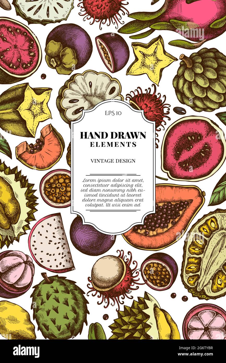 Card design with colored papaya, guava, passion fruit, starfruit