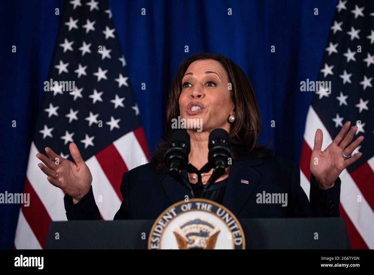 Washington, DC, USA. 8th July, 2021. United States Vice President Kamala Harris speaks at Howard University in Washington, DC, U.S., on Thursday, July 8, 2021. Harris, who is spearheading the administration's efforts on voting rights, is helping to launch an expansion of the Democratic National Committee's 'I Will Vote' campaign. Credit: Al Drago/Pool via CNP/dpa/Alamy Live News Stock Photo