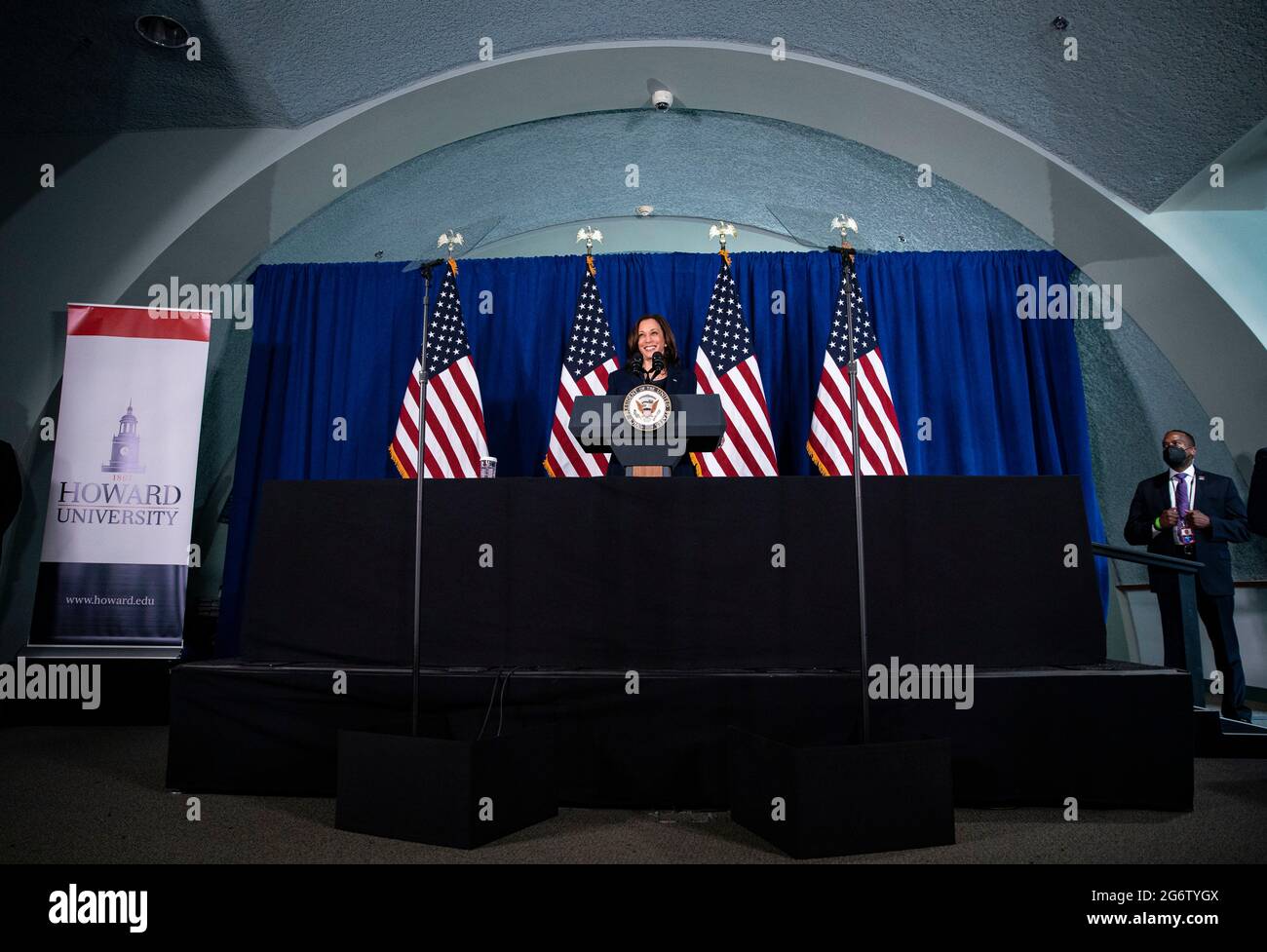 Washington, DC, USA. 8th July, 2021. United States Vice President Kamala Harris speaks at Howard University in Washington, DC, U.S., on Thursday, July 8, 2021. Harris, who is spearheading the administration's efforts on voting rights, is helping to launch an expansion of the Democratic National Committee's 'I Will Vote' campaign. Credit: Al Drago/Pool via CNP/dpa/Alamy Live News Stock Photo