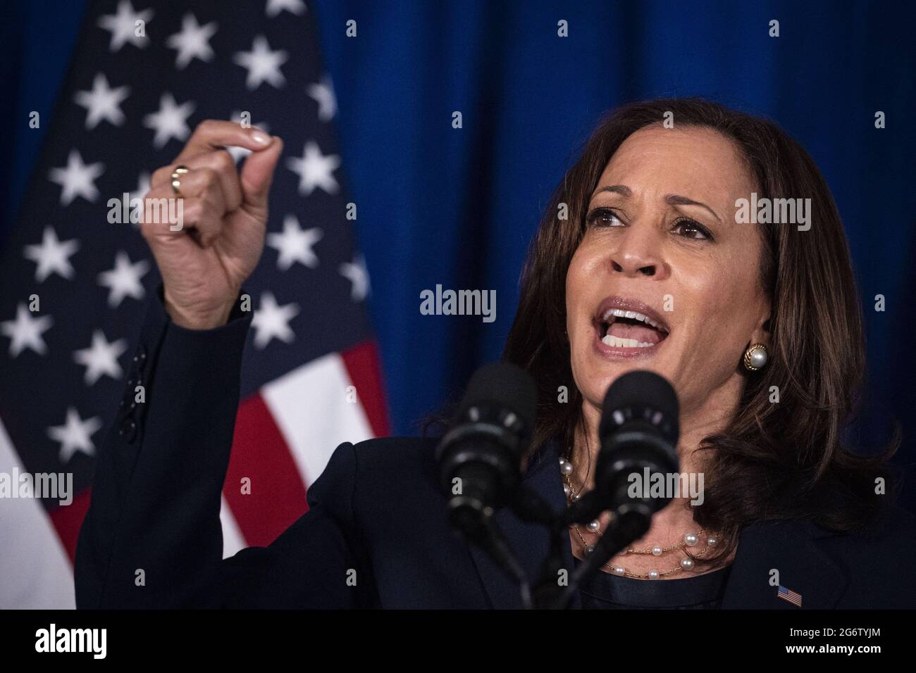 Washington, United States. 08th July, 2021. U.S. Vice President Kamala Harris speaks at Howard University in Washington, DC, U.S., on Thursday, July 8, 2021. Harris, who is spearheading the administration's efforts on voting rights, is helping to launch an expansion of the Democratic National Committee's 'I Will Vote' campaign. Photo by Al Drago/UPI Credit: UPI/Alamy Live News Stock Photo