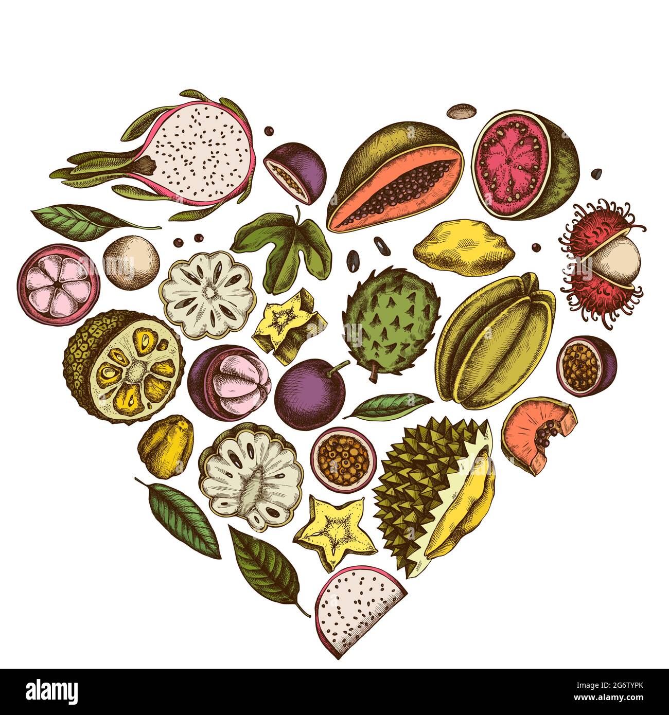 Heart design with colored papaya, guava, passion fruit, starfruit ...