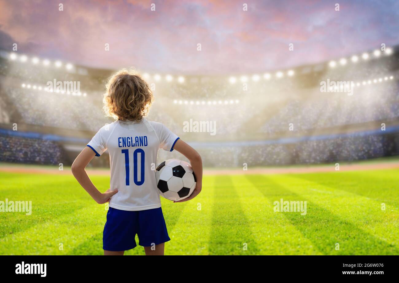 England football supporter on stadium. English fans on soccer pitch