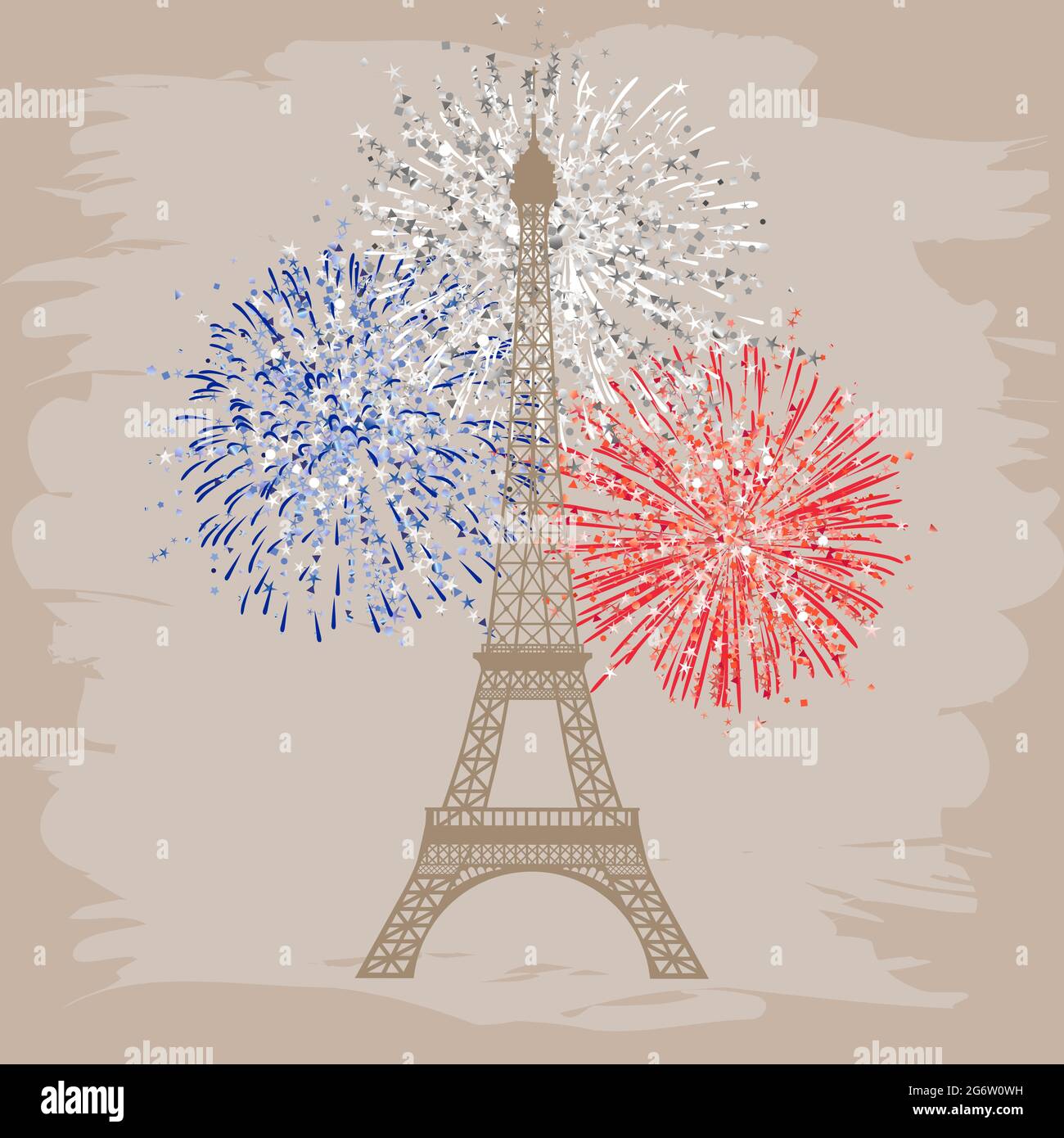 State French holidays congrats concept. Eiffel tower decorative romantic image. Monochrome silhouette and colorful fireworks explosion. Symbol of Pari Stock Vector
