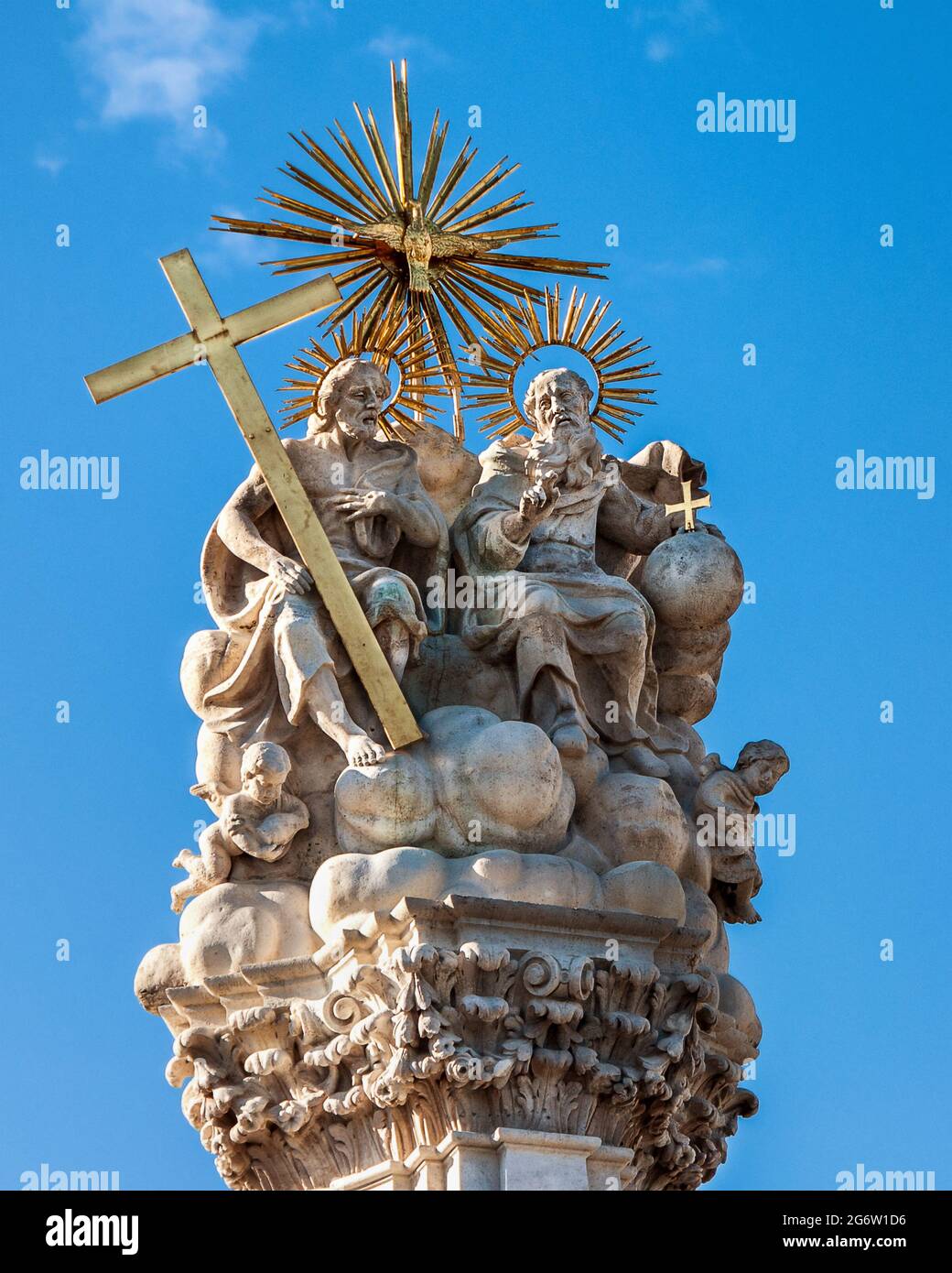 Holy Trinity Doctrine Sculpture, Budapest Statue:  depicts the central belief of Christianity, the Trinity Doctrine. Stock Photo