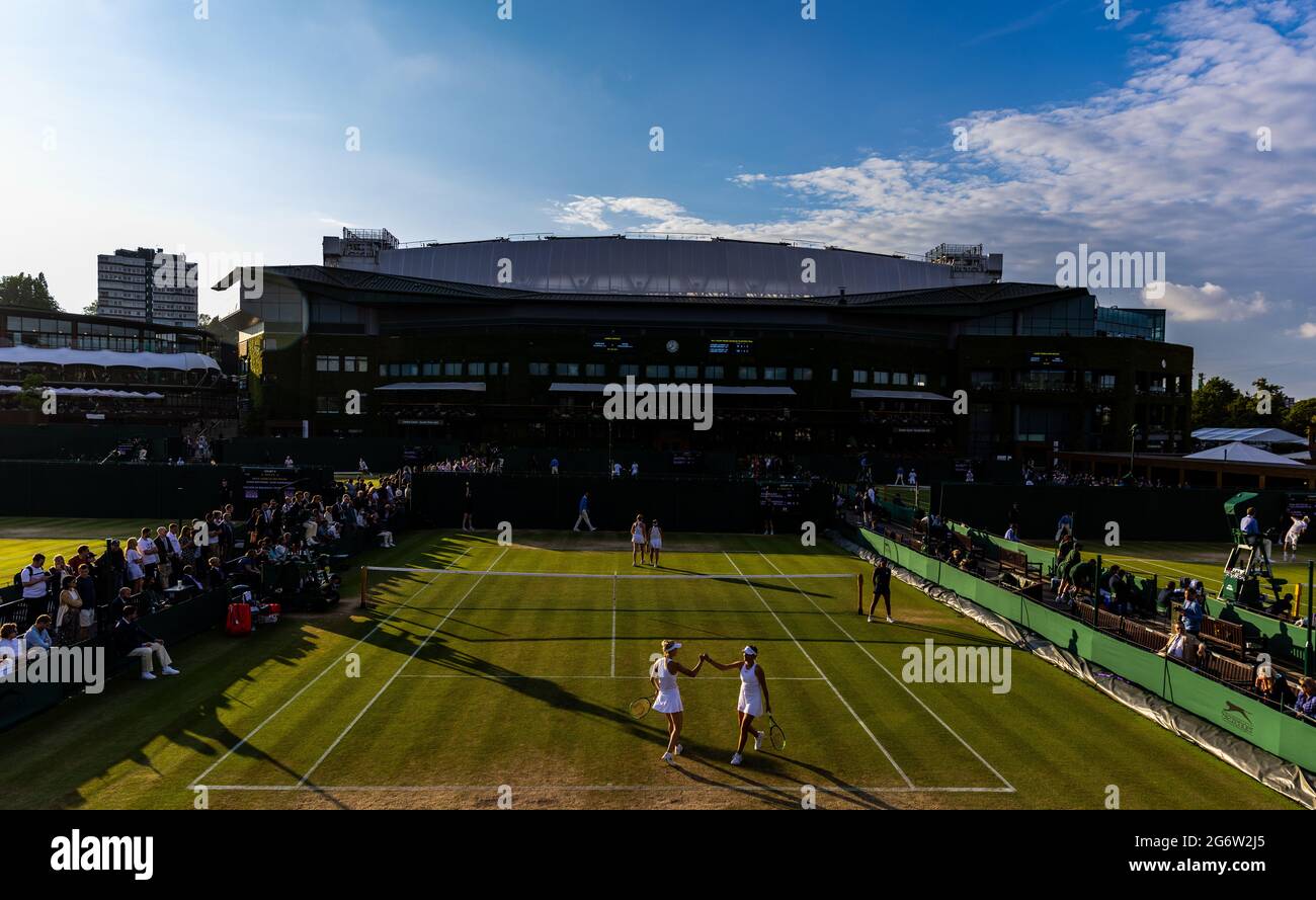 General view of Lucie Havlickova and Sara Bejlek against Linda Fruhvirtova and Polina Kudermetova during the Girls doubles on court 10 on day ten of Wimbledon at The All England Lawn Tennis and Croquet Club, Wimbledon. Picture date: Thursday July 8, 2021. Stock Photo