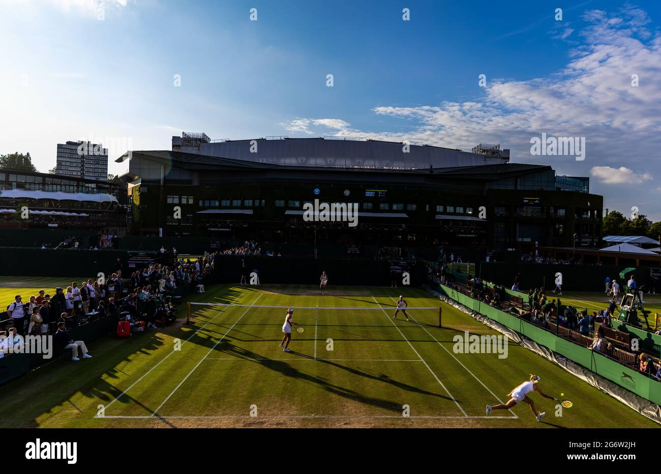 General view of Lucie Havlickova and Sara Bejlek against Linda Fruhvirtova and Polina Kudermetova during the Girls doubles on court 10 on day ten of Wimbledon at The All England Lawn Tennis and Croquet Club, Wimbledon. Picture date: Thursday July 8, 2021. Stock Photo