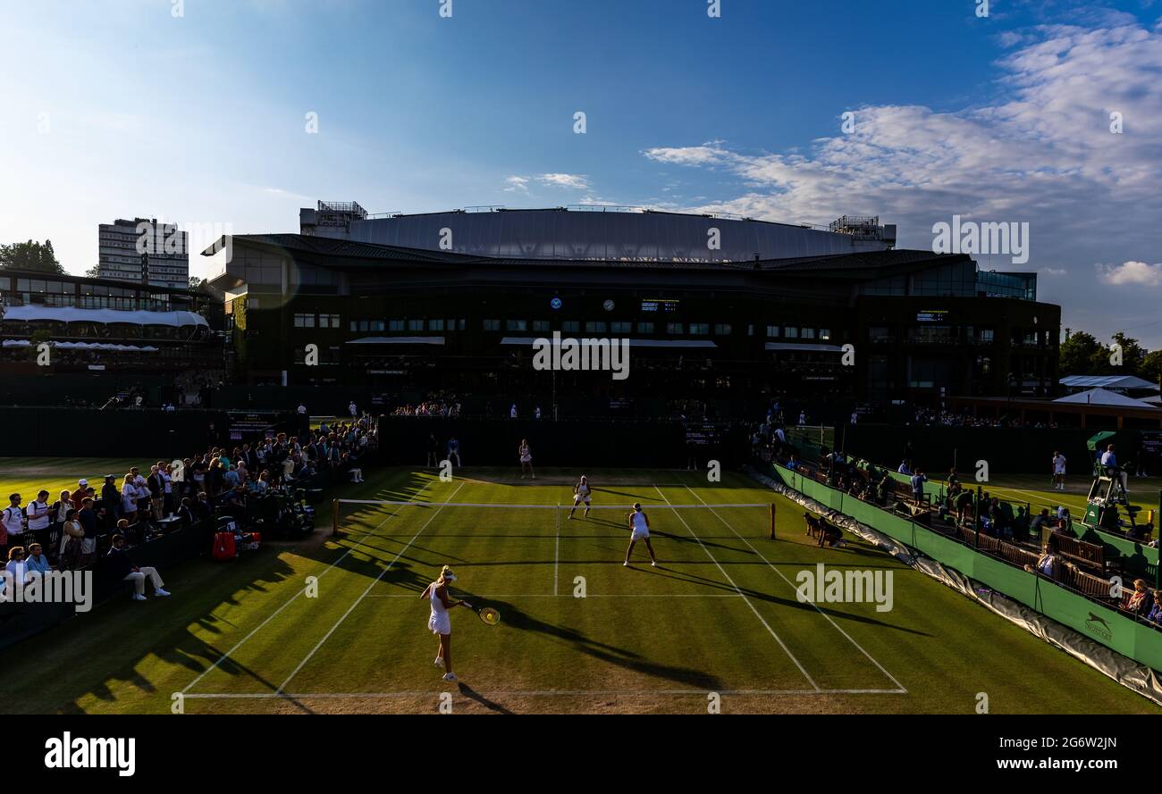 General view of Lucie Havlickova and Sara Bejlek against Linda Fruhvirtova and Polina Kudermetova during the Girls doubles on court 10 on day ten of Wimbledon at The All England Lawn Tennis and Croquet Club, Wimbledon. Picture date: Thursday July 8, 2021. Stock Photo