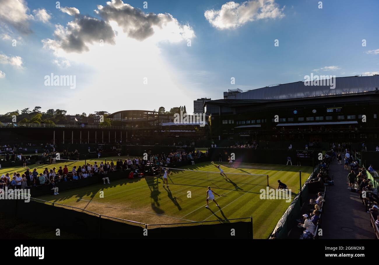 General view of Lucie Havlickova and Sara Bejlek against Linda Fruhvirtova and Polina Kudermetova during the Girls doubles on court 10 on day ten of Wimbledon at The All England Lawn Tennis and Croquet Club, Wimbledon. Picture date: Thursday July 8, 2021. Stock Photo