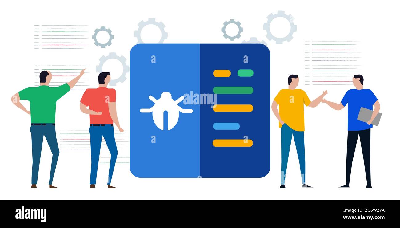 team of programmer developer looking for bug bugs malware error in coding debug software application Stock Vector