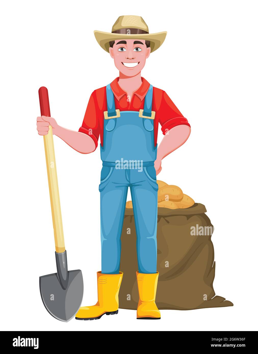 Handsome man farmer. Cheerful male farmer cartoon character with shovel ...