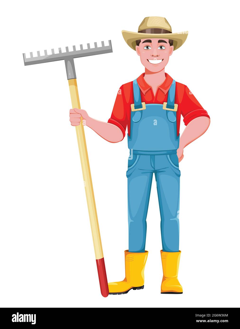 Handsome man farmer. Cheerful male farmer cartoon character with rake.  Stock vector illustration on white background Stock Vector Image & Art -  Alamy