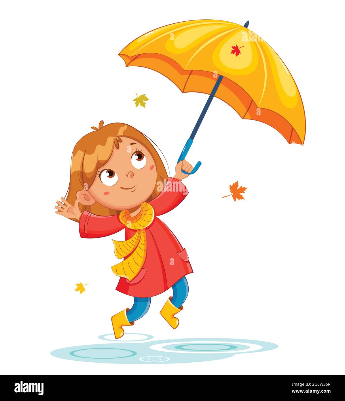 Happy funny child in a rad raincoat and rubber boots, rainy autumn.  Cheerful girl cartoon character. Stock vector illustration Stock Vector  Image & Art - Alamy
